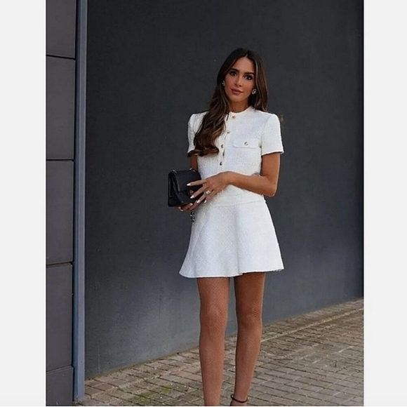 ZARA TEXTURED TWEED MINI DRESS ECRU - Picture 6 of 16